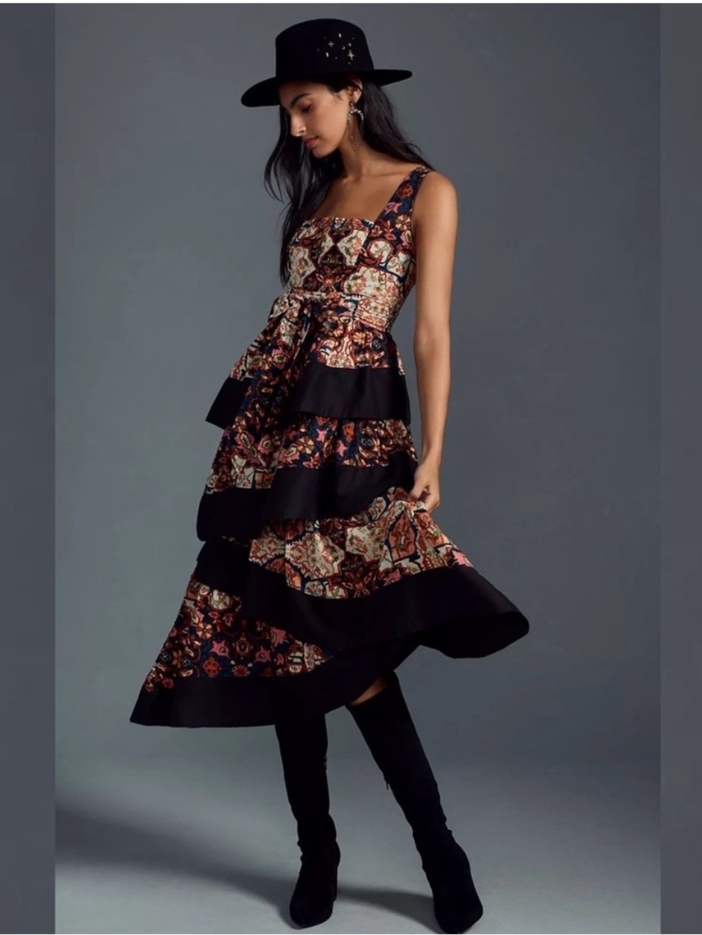 Anthropologie Square-Neck Printed Tiered Midi Dress with tiered skirt, M. - Picture 2 of 11
